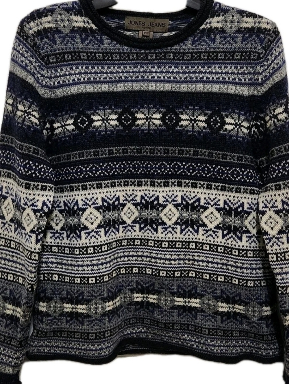 Vtg Jones Jeans Womens PS 100% Wool Fair Isle Sweater Blue Heavyweight Snowflake